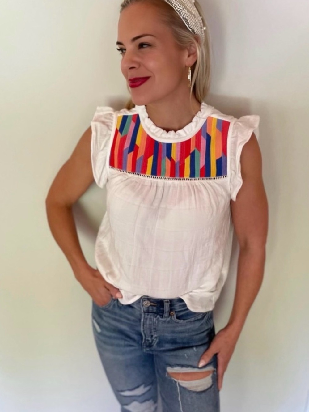 THML White Ruffled Sleeveless Top with Colorful Embroidered Yoke